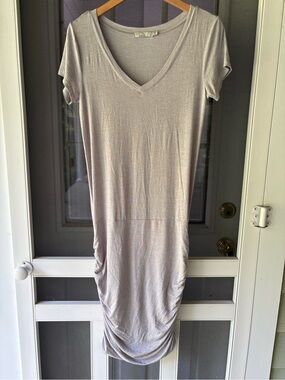 Prana Light Grey V-Neck Midi Rouched Dress, Lenzing Modal